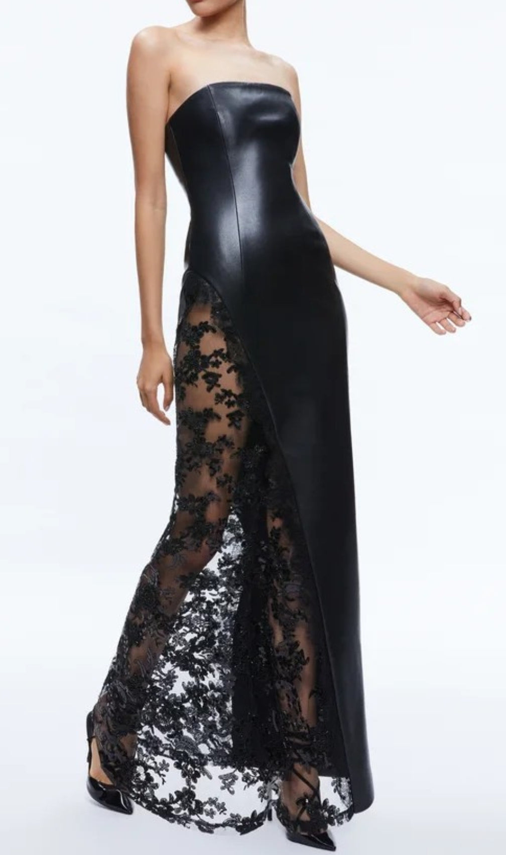 Caley Black Strapless Leather Lace Maxi Dress