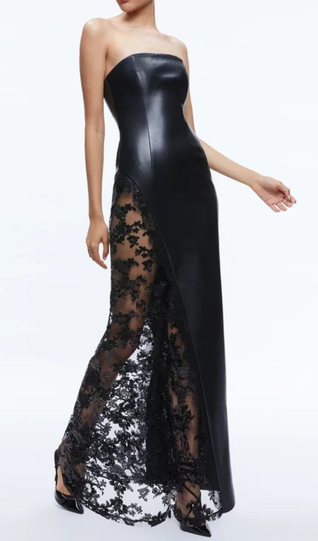 Caley Black Strapless Leather Lace Maxi Dress