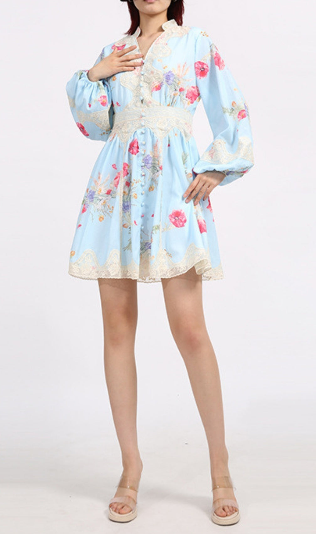 Eko Blue Floral Printed Long Sleeve Mini Dress