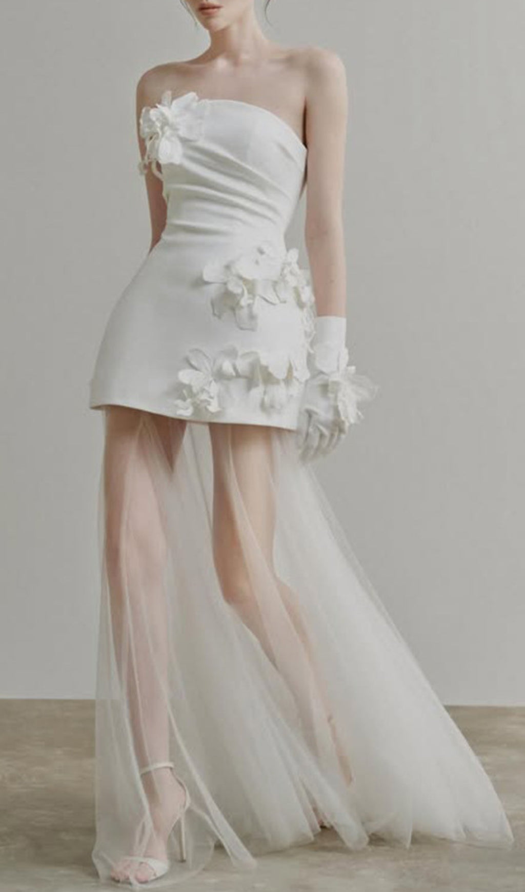 Doli White Strapless Flower Mesh Maxi Dress