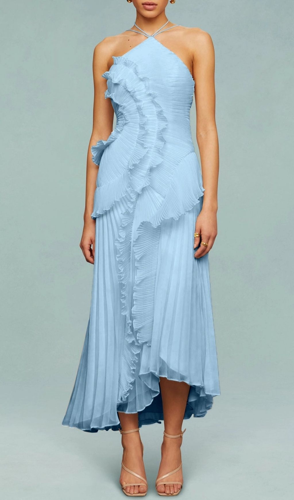 Finneas Blue Halter Ruffle Pleated Maxi Dress - Elegant Wedding Guest & Resort Wear