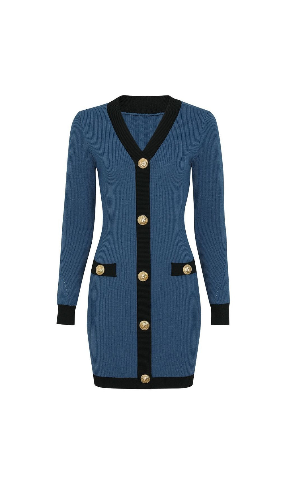 Kavita Chic Ribbed Knit Mini Dress with Gold Buttons & Contrast Trim