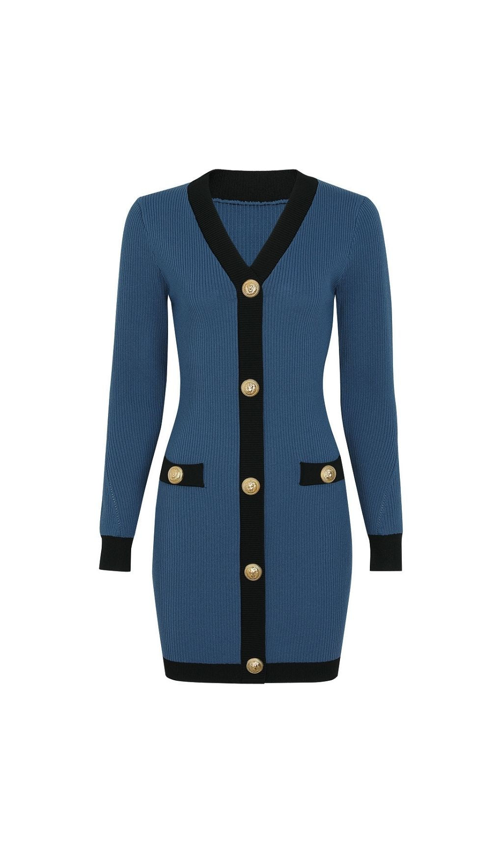 Kavita Chic Ribbed Knit Mini Dress with Gold Buttons & Contrast Trim