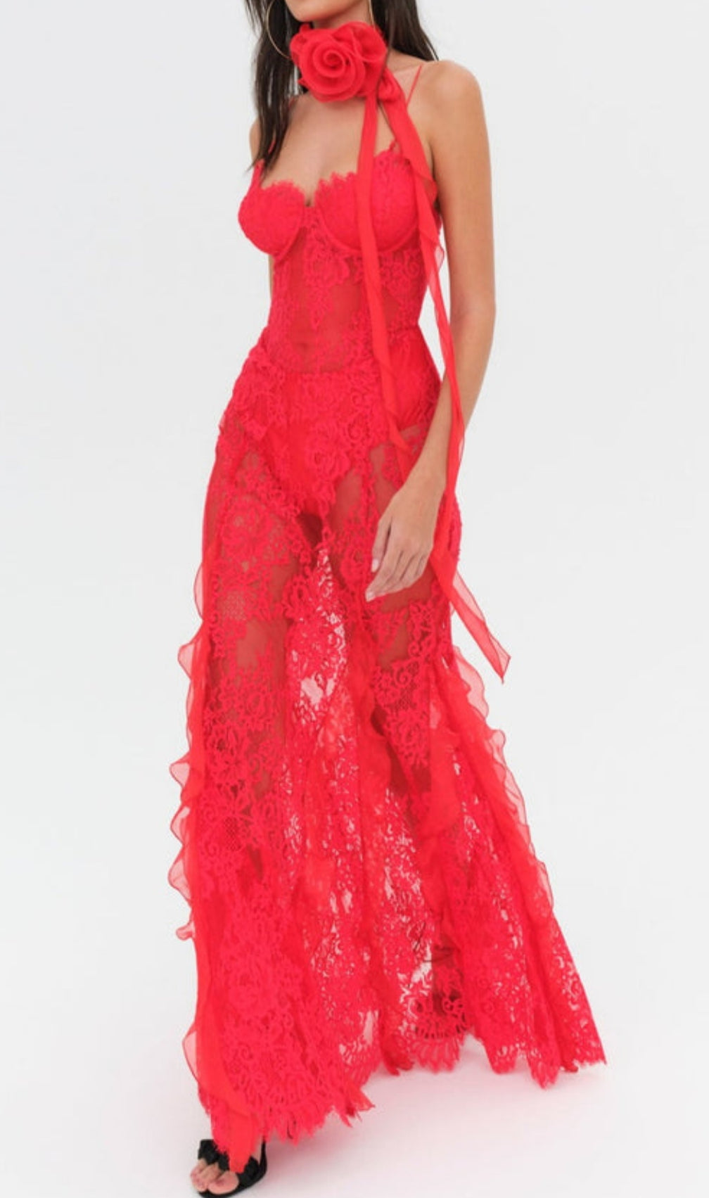 Carola Red Flower Lace Maxi Dress