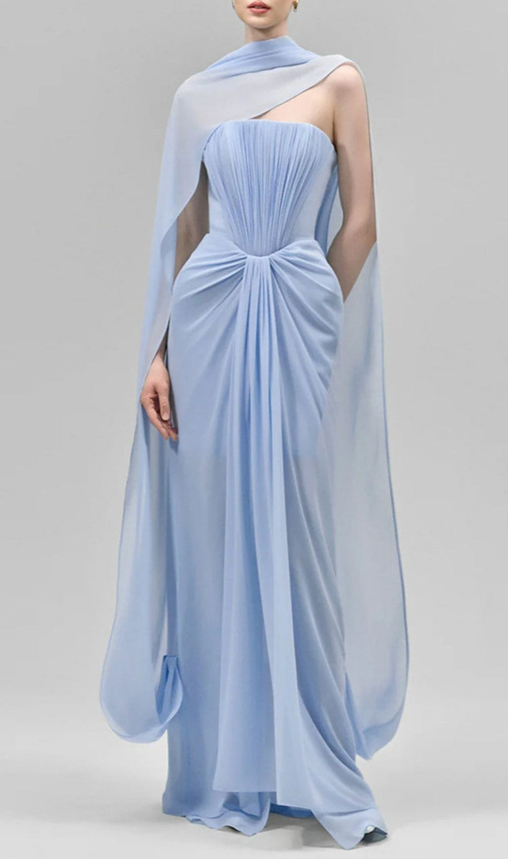 Kayley Periwinkle Blue Strapless Pleated Maxi Gown with Draped Shawl - Event Ready Elegance