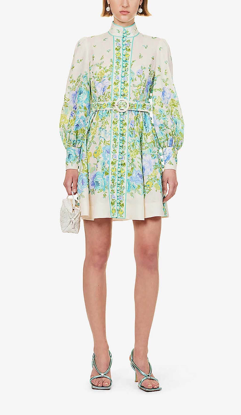 High-Neck Long Sleeve Midi Dress In White