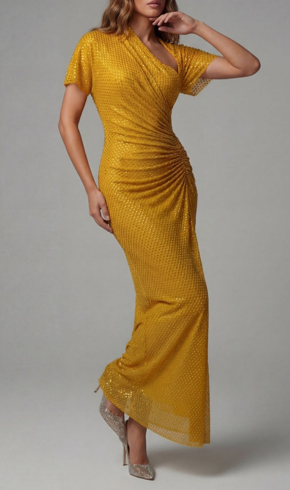 Kennedy Crystal Ruched Maxi Dress: Dazzling Wheat Gown for Unforgettable Evenings
