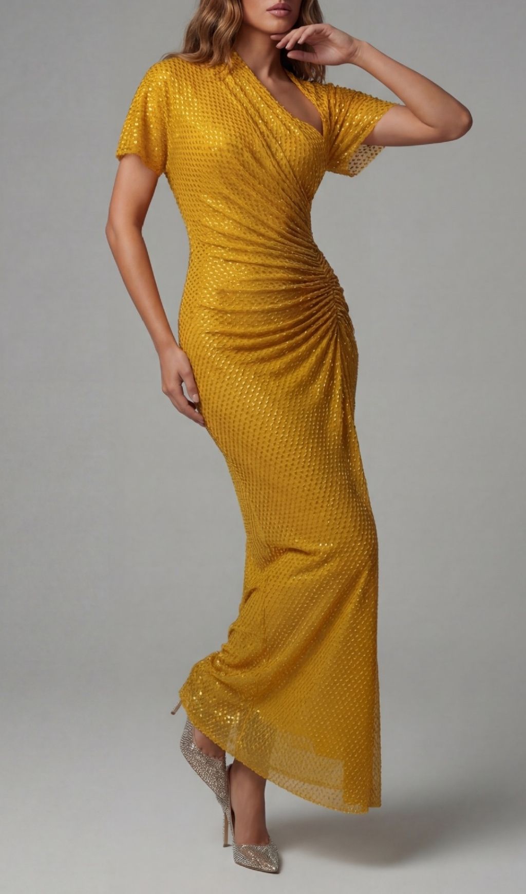 Kennedy Crystal Ruched Maxi Dress: Dazzling Wheat Gown for Unforgettable Evenings