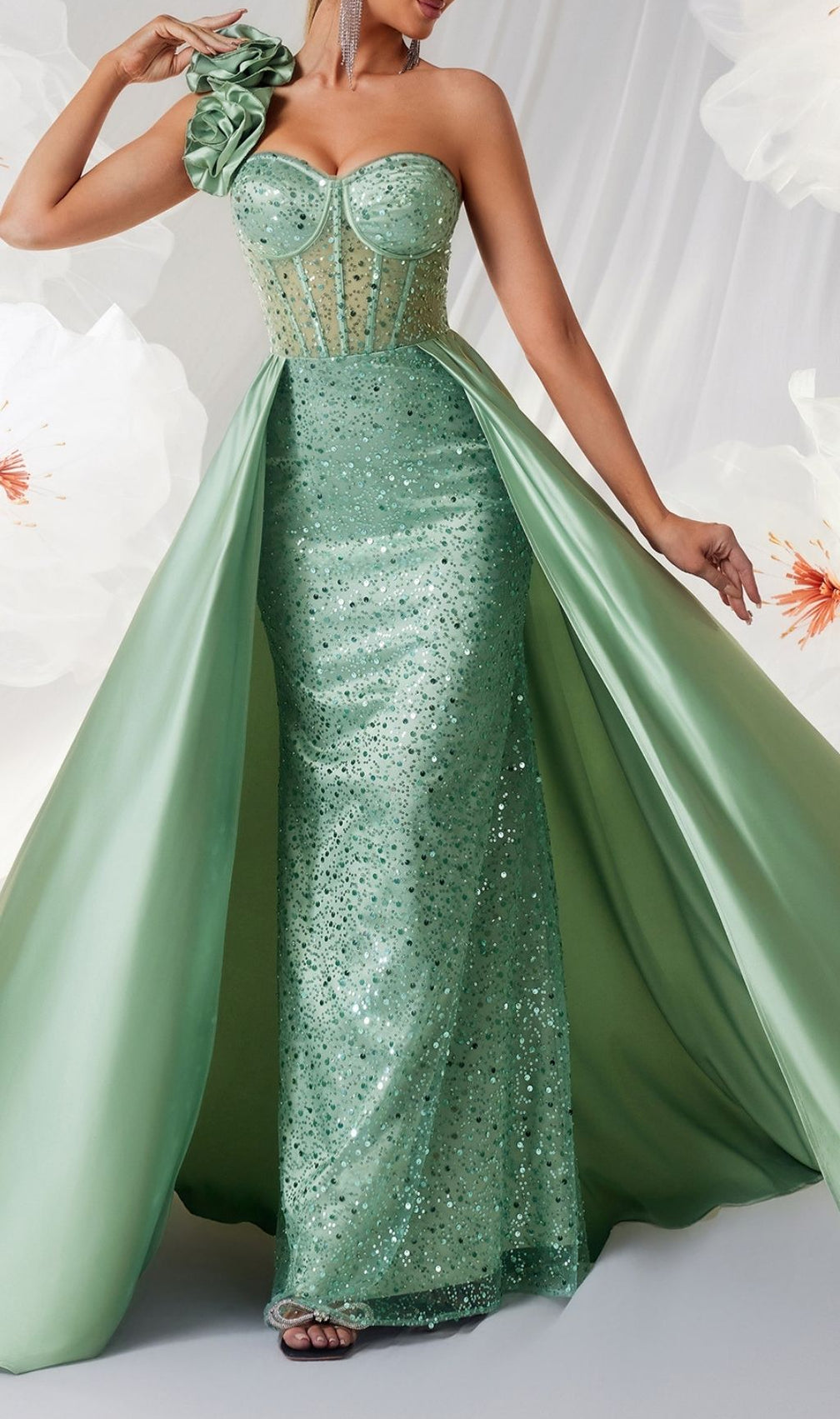 Stunning Kendi Green One-Shoulder Corset Sequin Maxi Gown