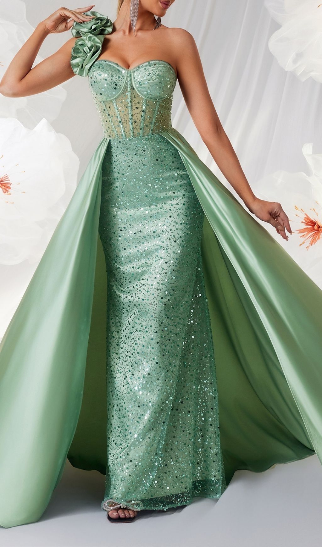 Stunning Kendi Green One-Shoulder Corset Sequin Maxi Gown