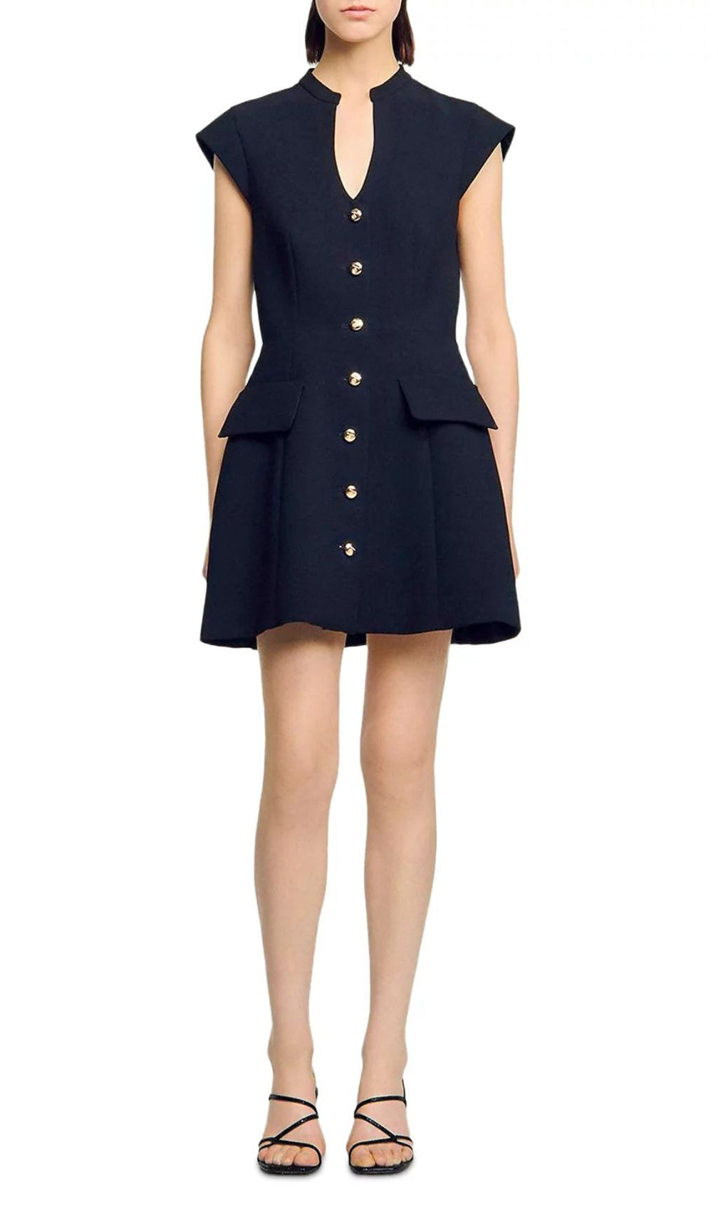 Jordon Chic Black Mini Dress | Button-Front with Gold Accents & Cap Sleeves