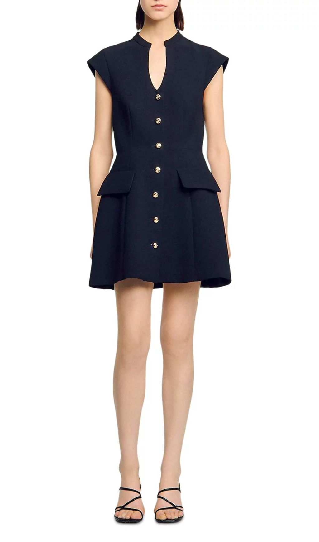 Jordon Chic Black Mini Dress | Button-Front with Gold Accents & Cap Sleeves