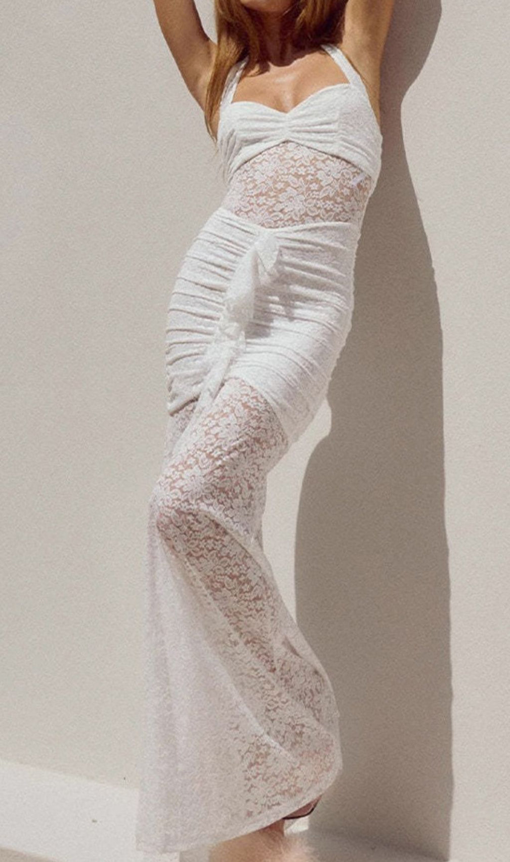 Fusayo White Halter Ruched Lace Maxi Dress