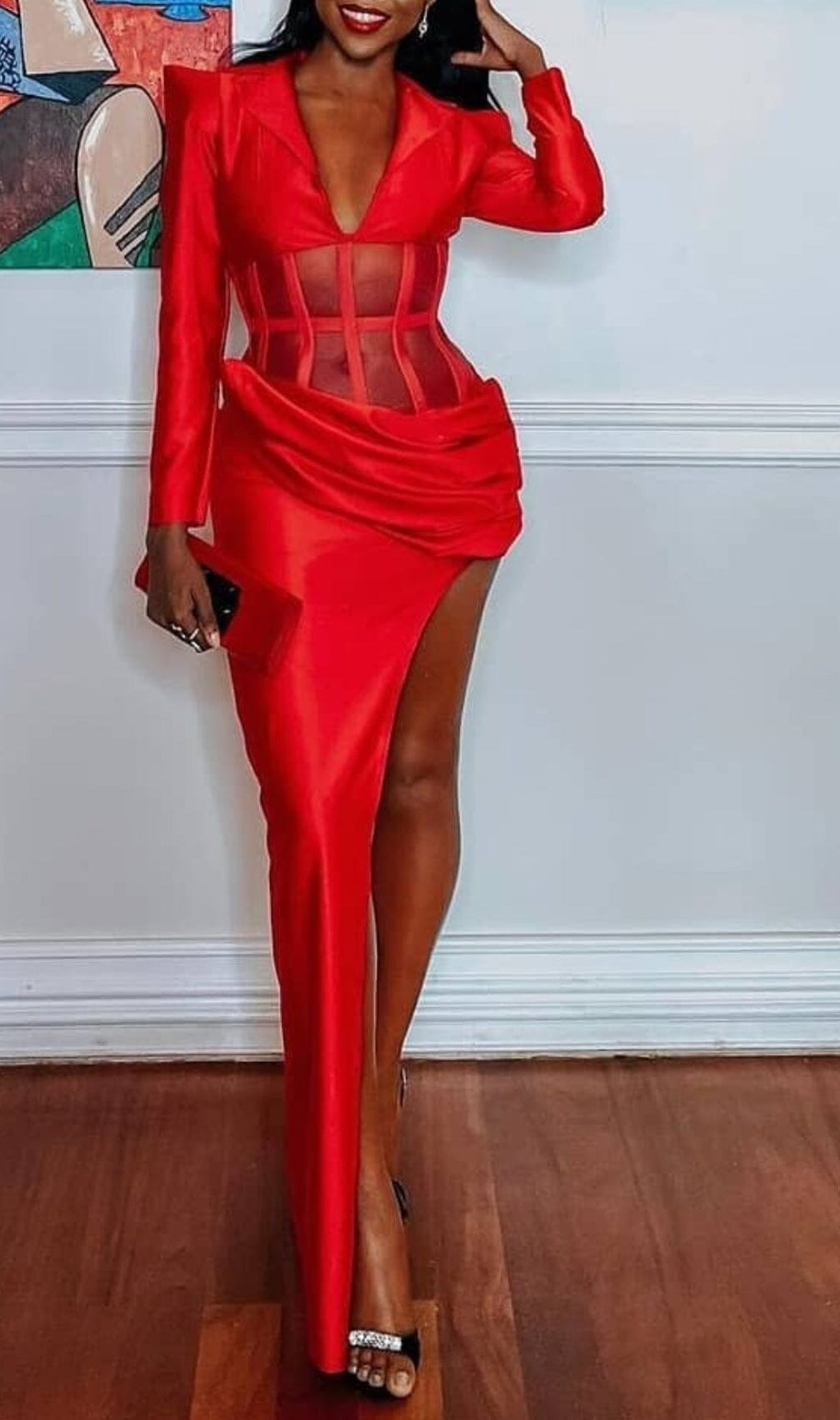 Corset Plunge Jacket Dress In Red