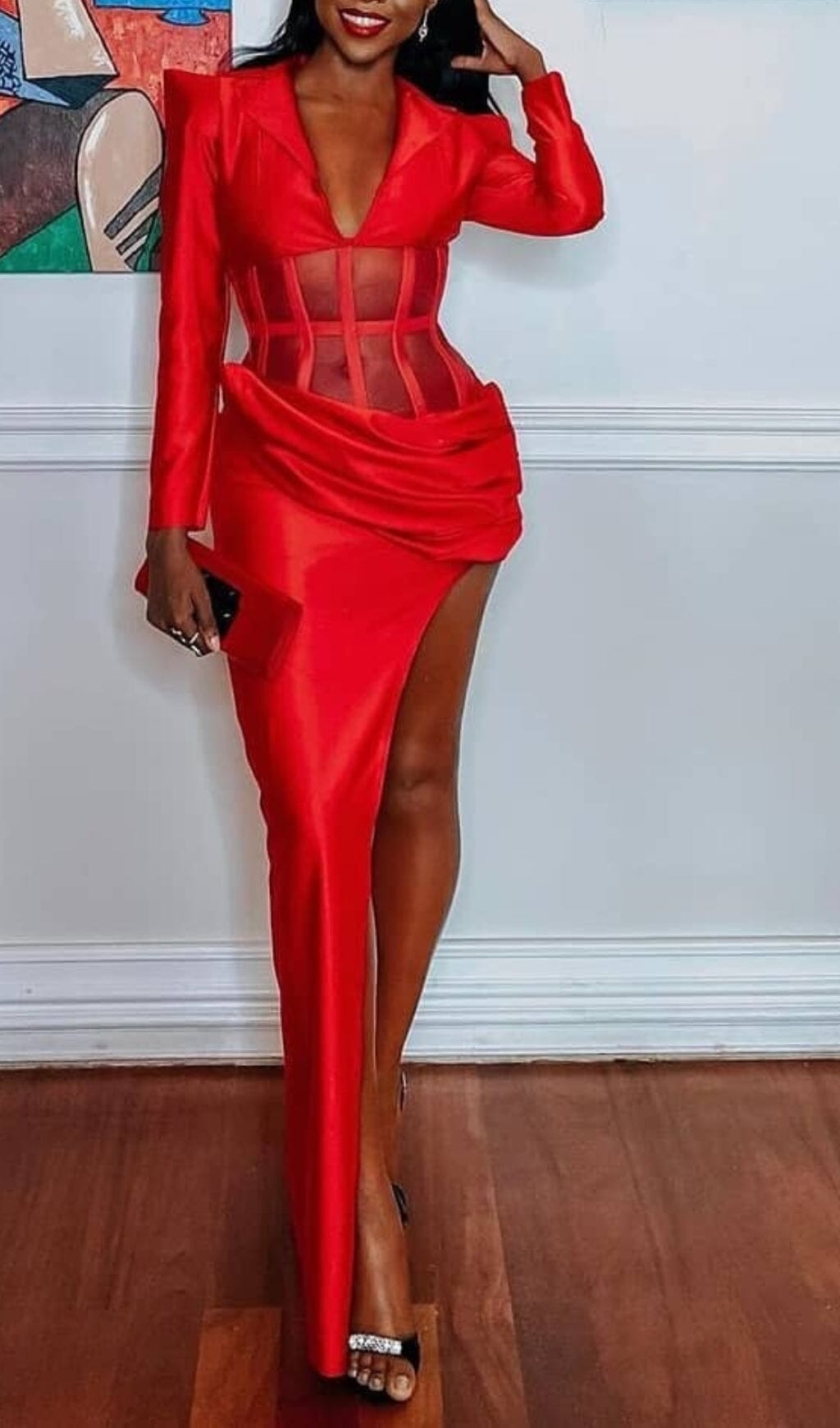 Corset Plunge Jacket Dress In Red