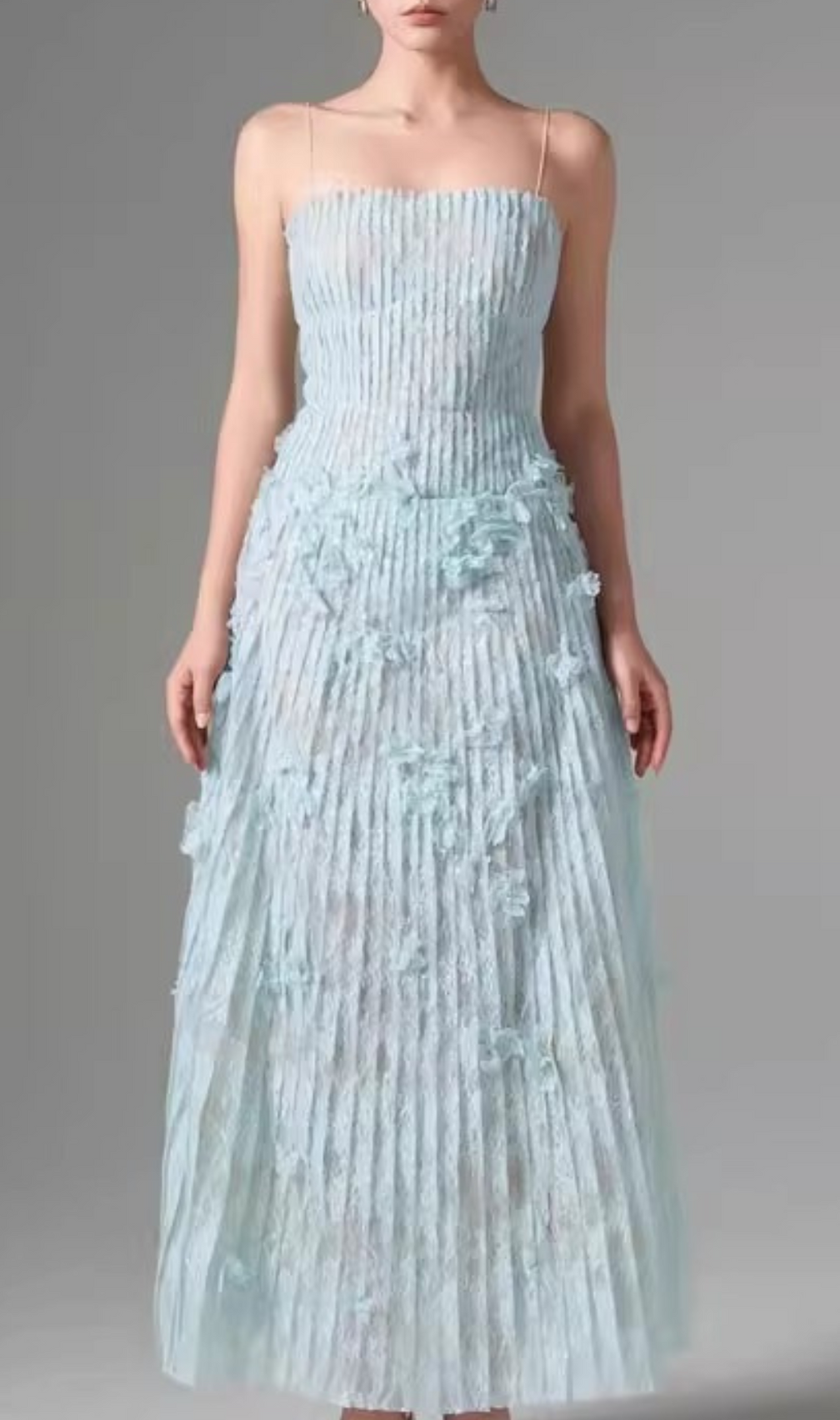 Heli Blue Lace Pleated Maxi Dress