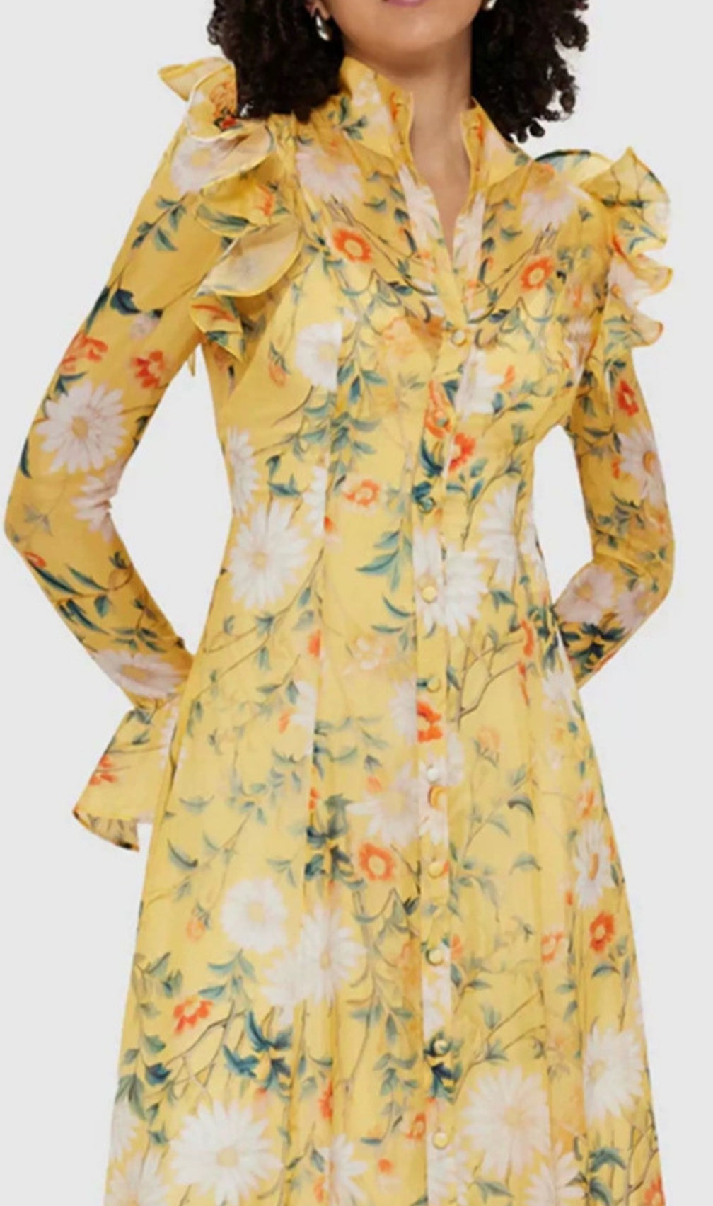 Eder Yellow Floral Long Sleeve Midi Dress