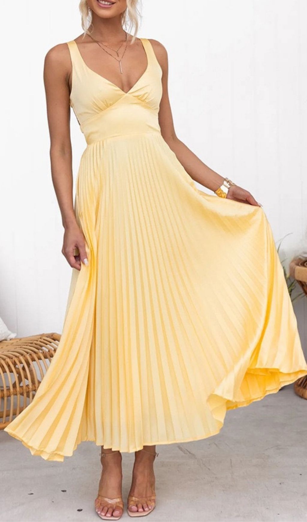 Lahoma Strappy V-Neck Pleated Maxi Dress