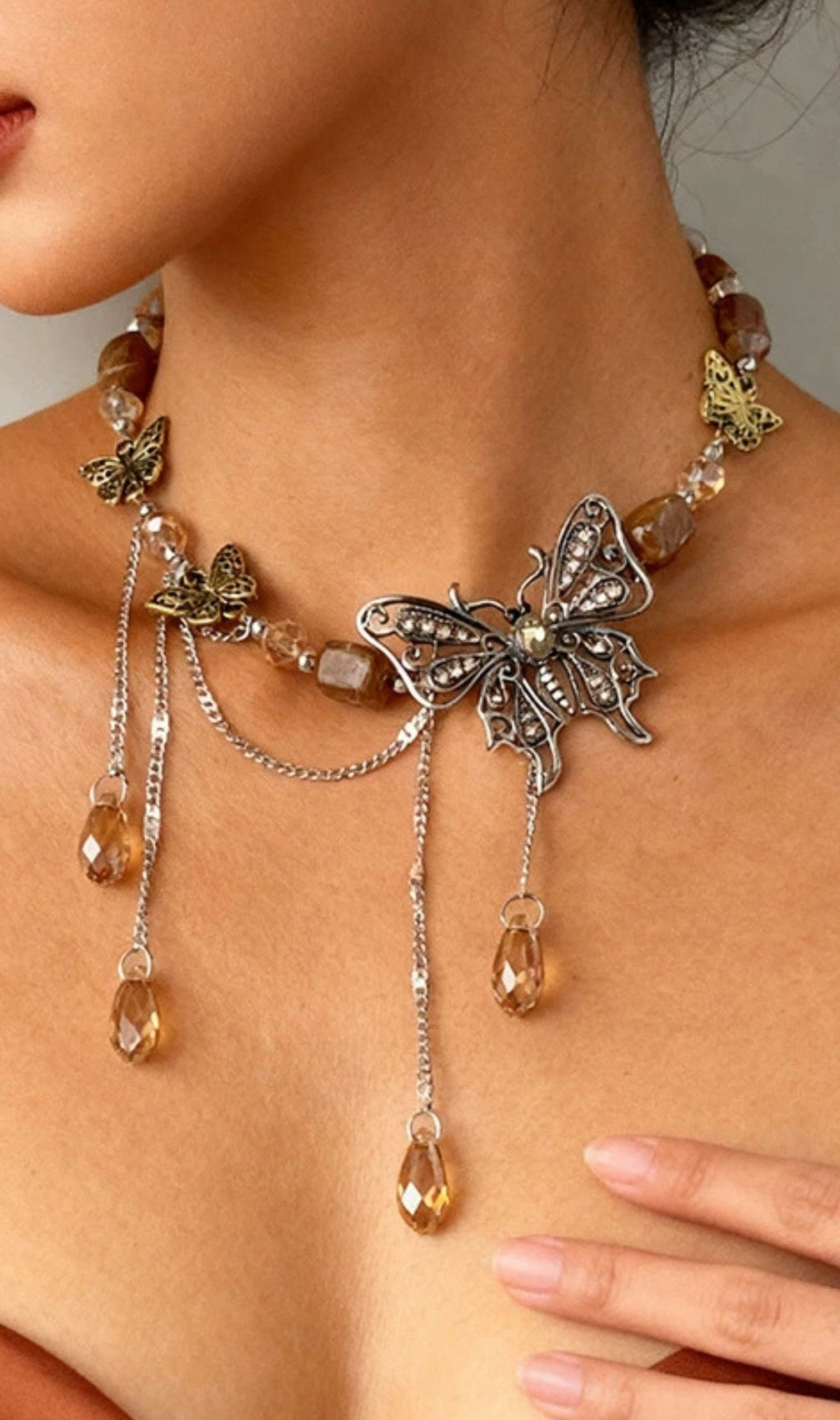 Khaza Chic Butterfly Teardrop Tassel Choker Necklace