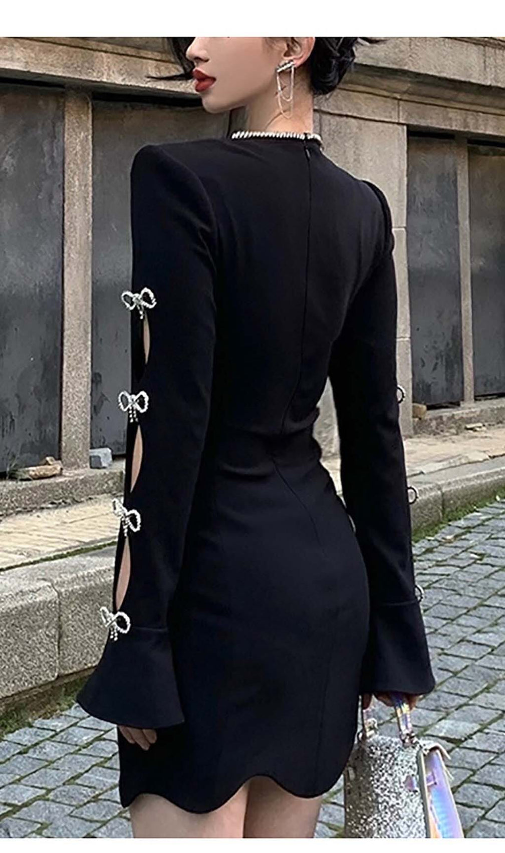 Rhinestone Bow-Embellished Mini Dress In Black