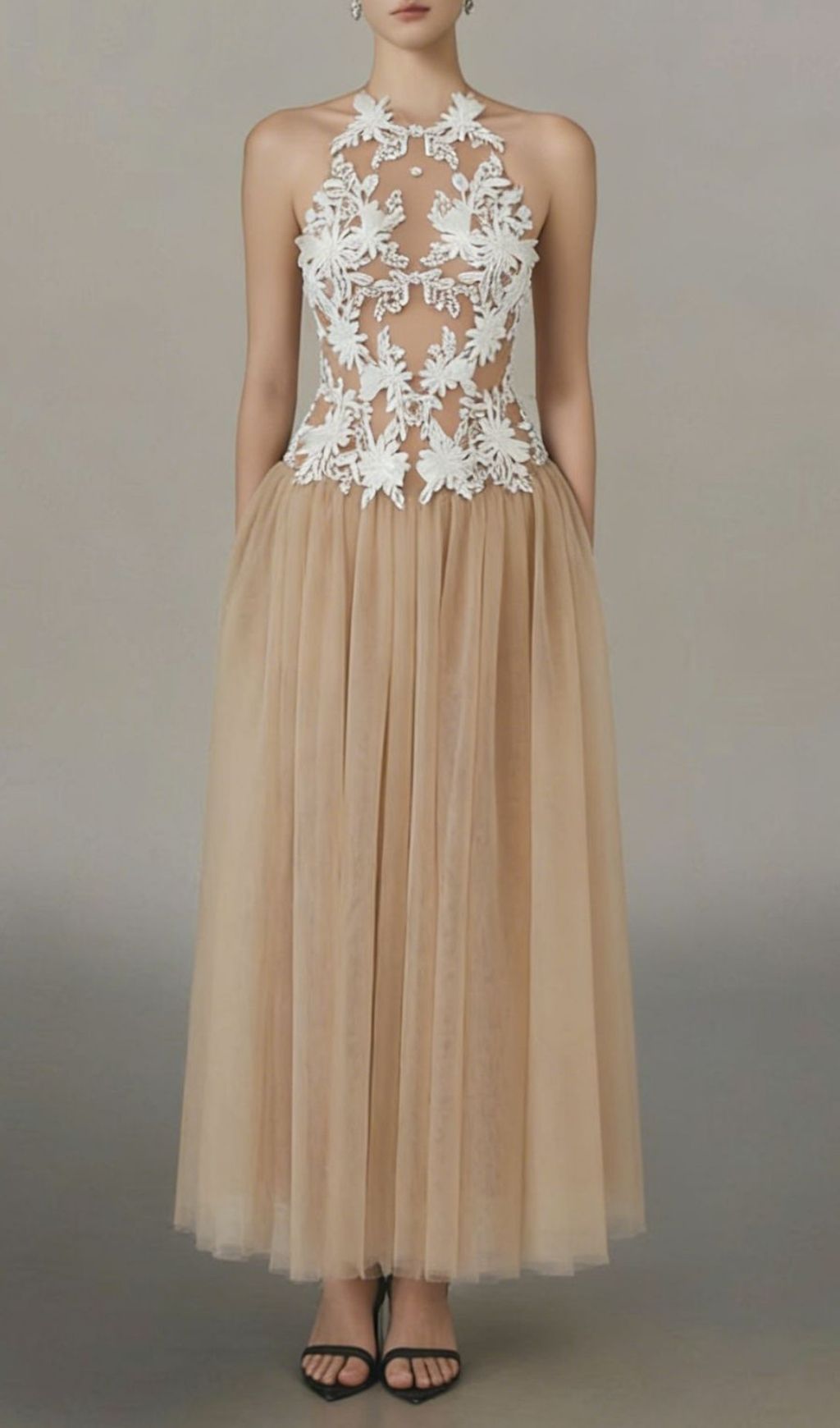 Katsuro Illusion Floral Lace Halter Maxi Gown - Ethereal Evening & Wedding Dress