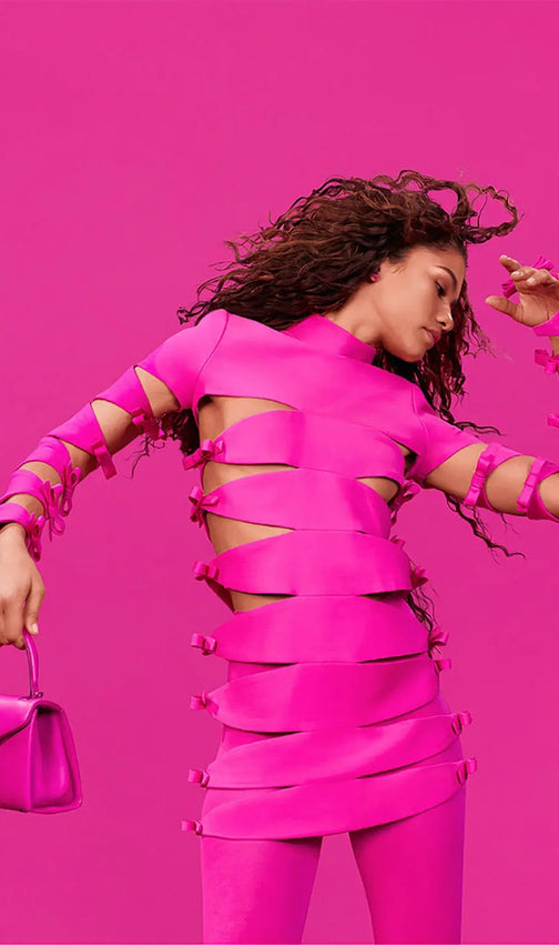 Long Sleeve Hollow Out Mini Bandage Dress In Pink