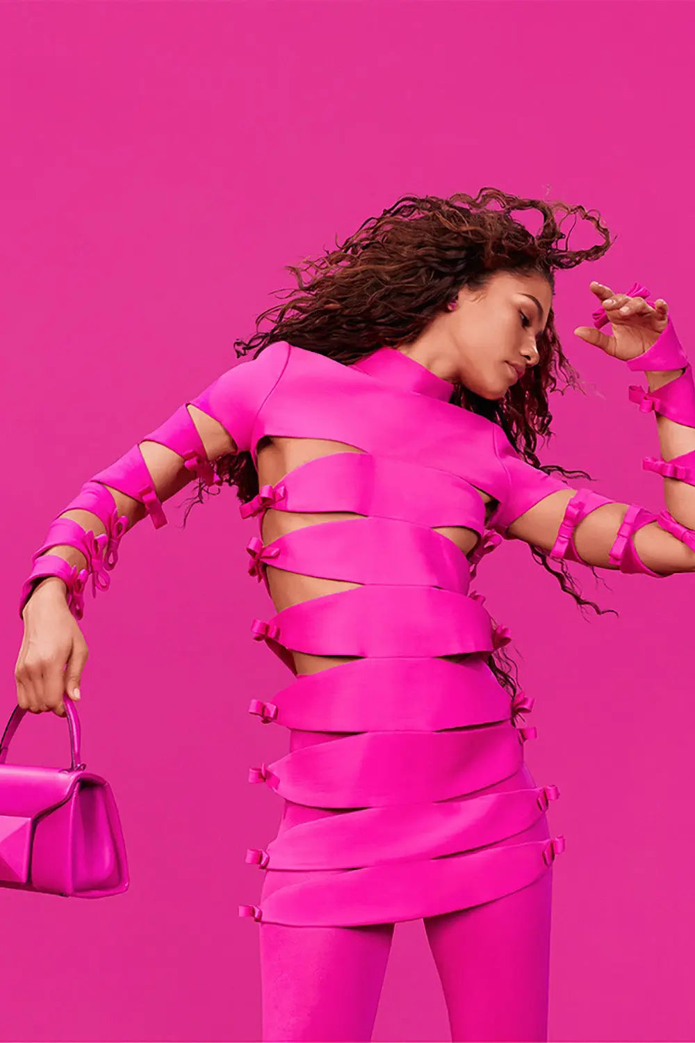 Long Sleeve Hollow Out Mini Bandage Dress In Pink