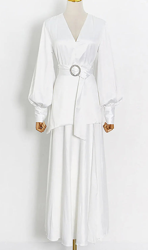 White Deep V Lantern Long Sleeve A-Line Dress