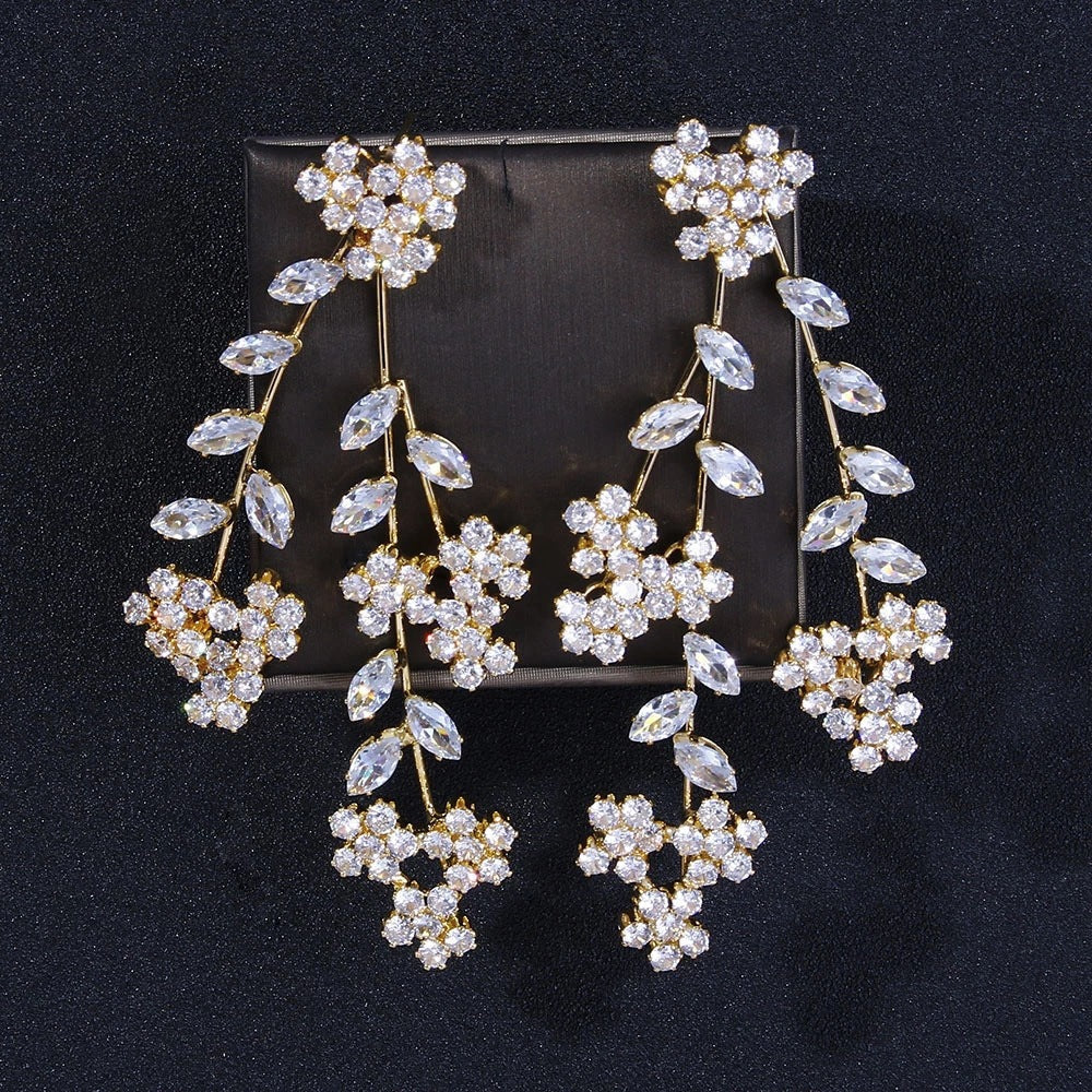 Ethereal Crystal Floral Leaf Bridal Drop Earrings