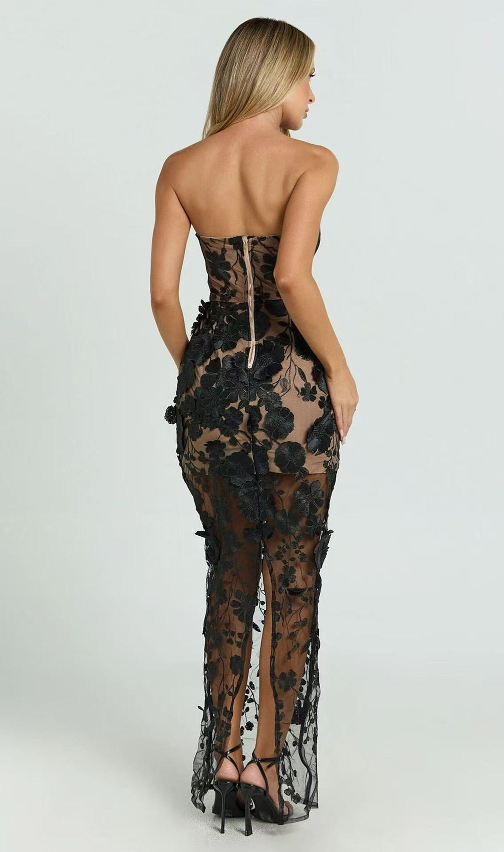 Strapless 3D Floral Mesh Maxi Dress