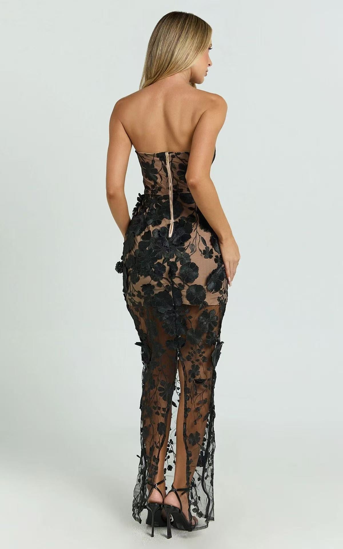 Strapless 3D Floral Mesh Maxi Dress