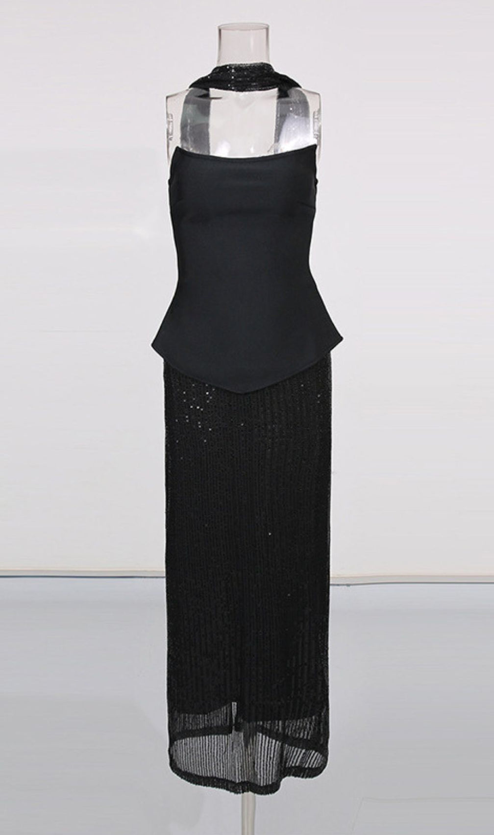 Isadora Black Sequin Glamour Two-Piece Set | Strapless Top & Maxi Skirt