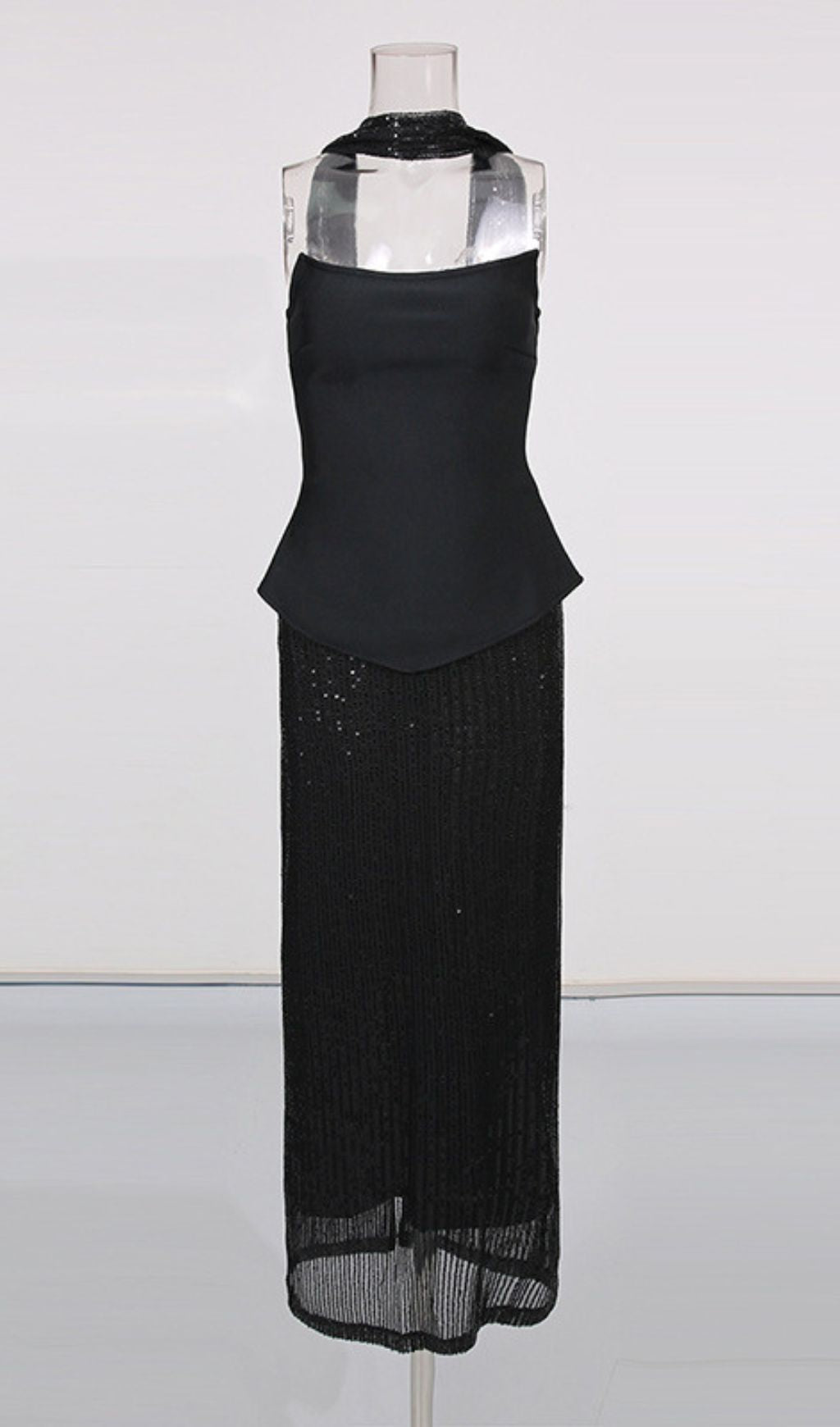 Isadora Black Sequin Glamour Two-Piece Set | Strapless Top & Maxi Skirt