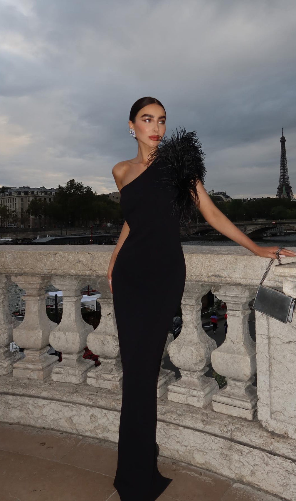 Black One-Shoulder Feather Maxi Dress