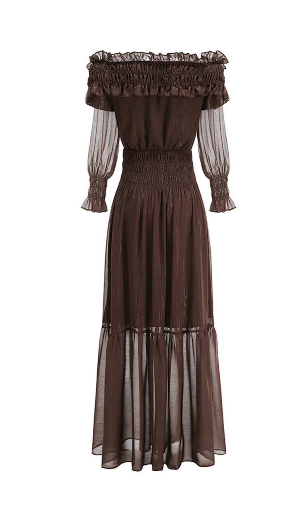 Tiffany Brown Off-shoulder Maxi Dress with Ruched Trim
