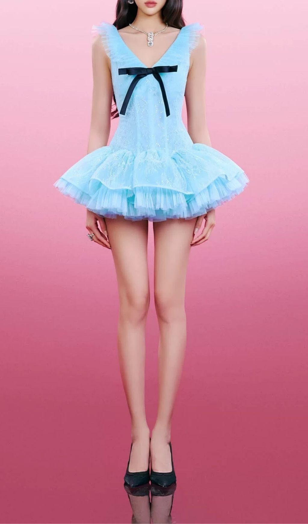 Kelsea Blue Lace Mini Dress: Flirty Tulle Ruffle & Chic Bow Detail