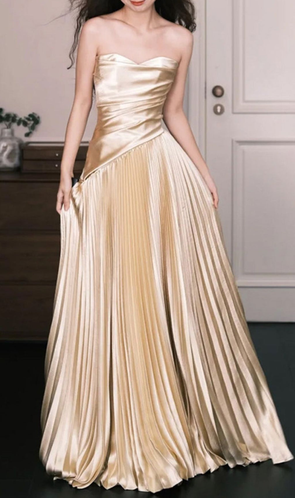 Kristy Gold Strapless Pleated Maxi Dress