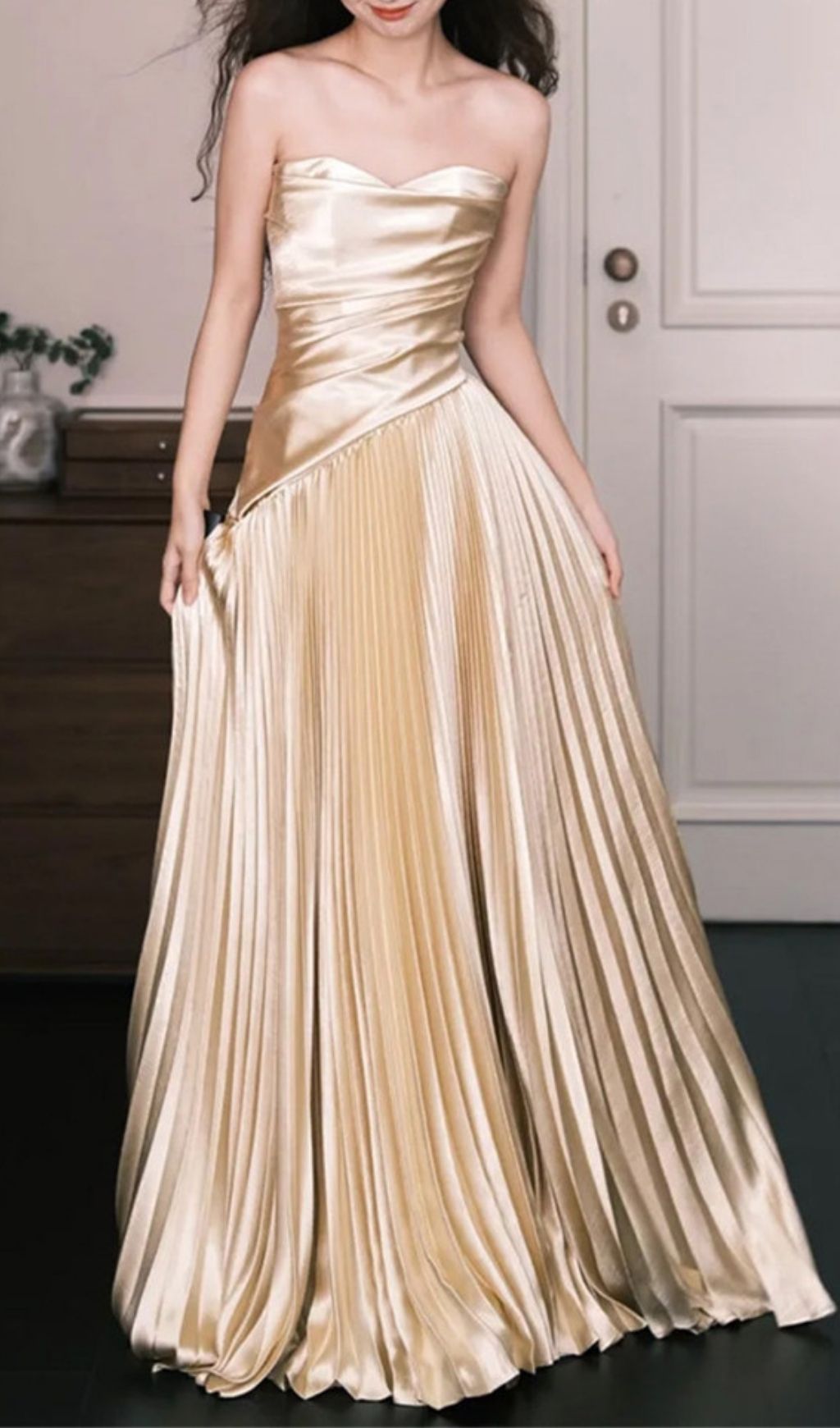 Kristy Gold Strapless Pleated Maxi Dress