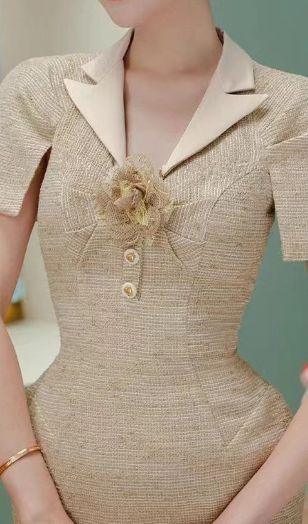 Catrin Khaki Flower V-Neck Midi Dress