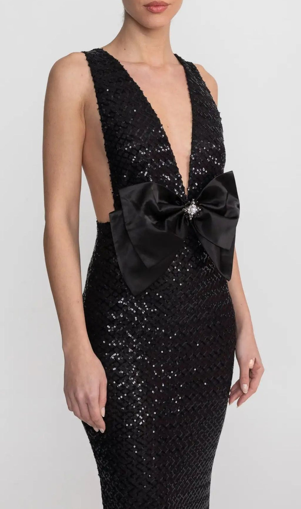 Sequin Maxi Dress With Satin Bow Detail - Black
