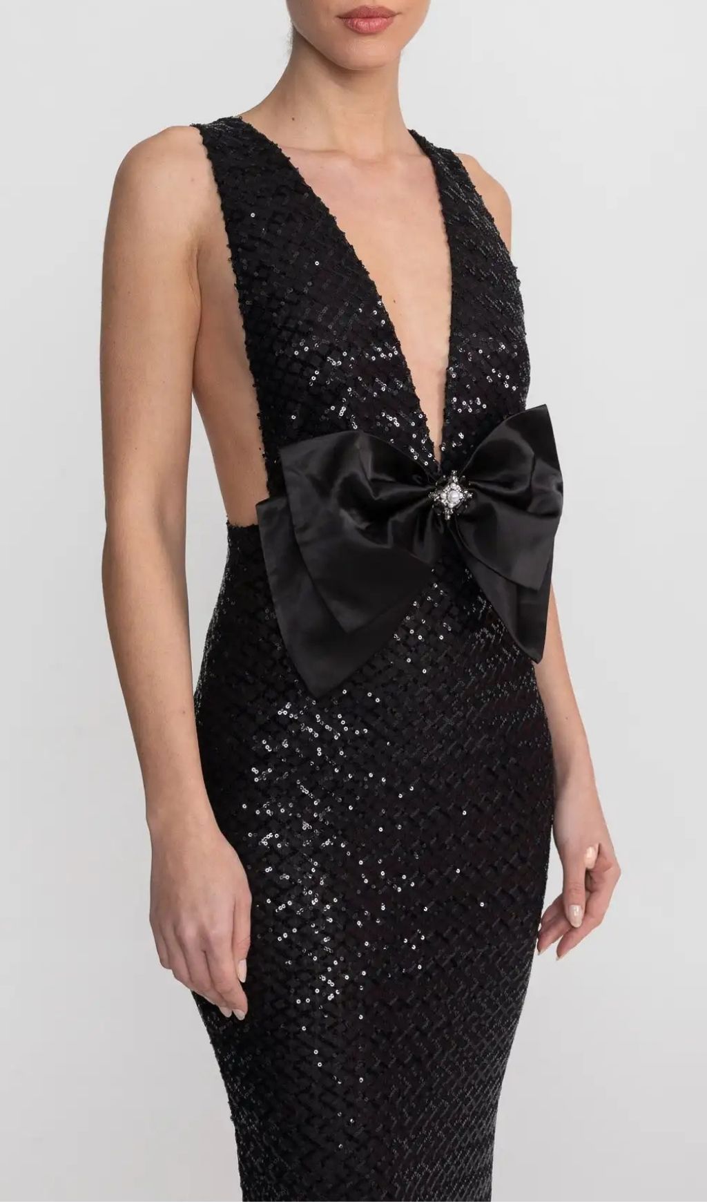 Sequin Maxi Dress With Satin Bow Detail - Black