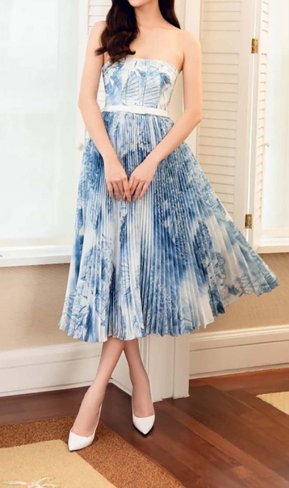 Bandeau Pleated Midi Dress In Blue