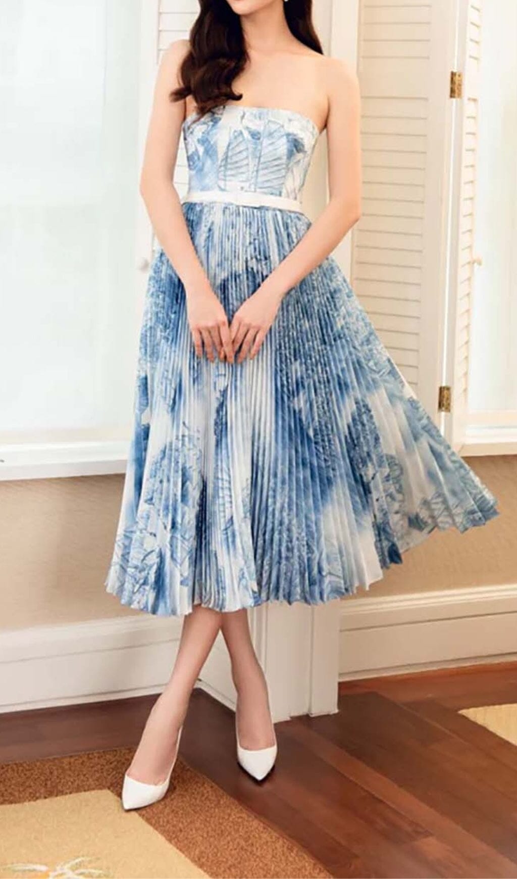 Bandeau Pleated Midi Dress In Blue