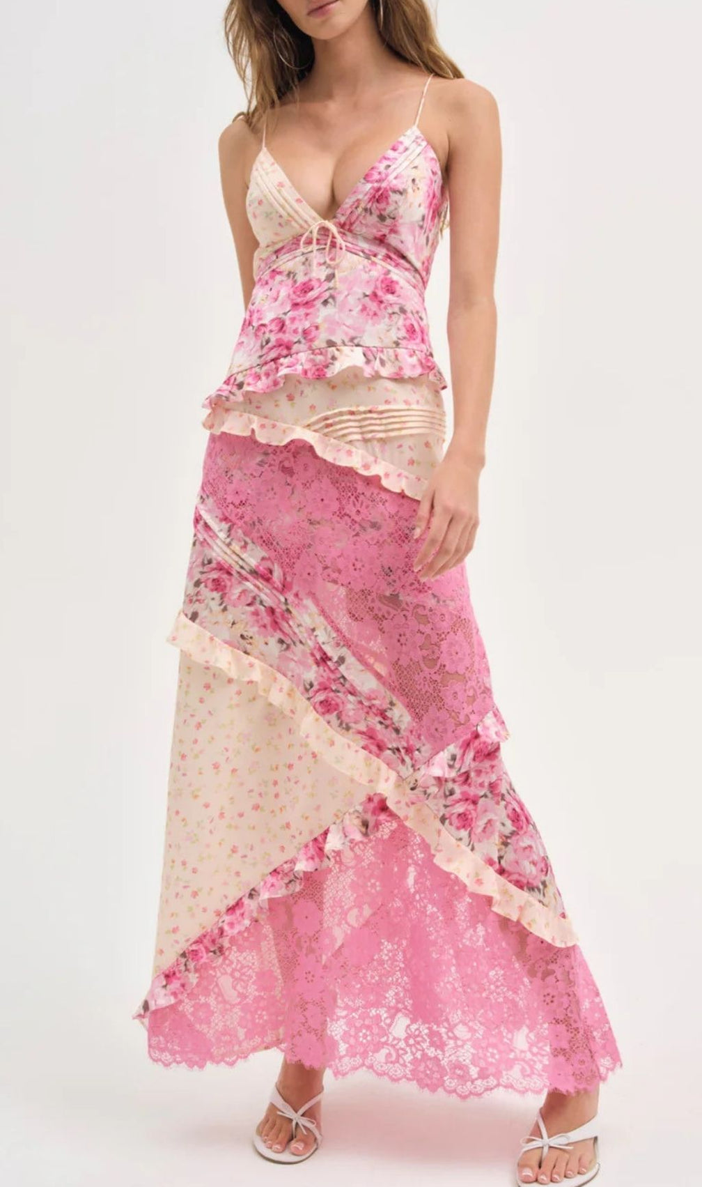 Georgia Ethereal Pink Floral & Lace V-Neck Maxi Dress - Romantic Tiered Gown