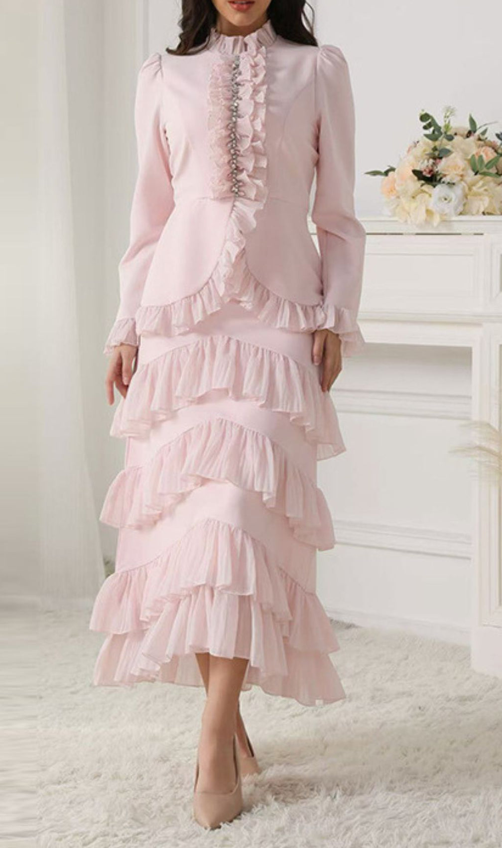 Ignace Elegant Ruffle Two-Piece Set - Long Sleeve Top & Tiered Maxi Skirt