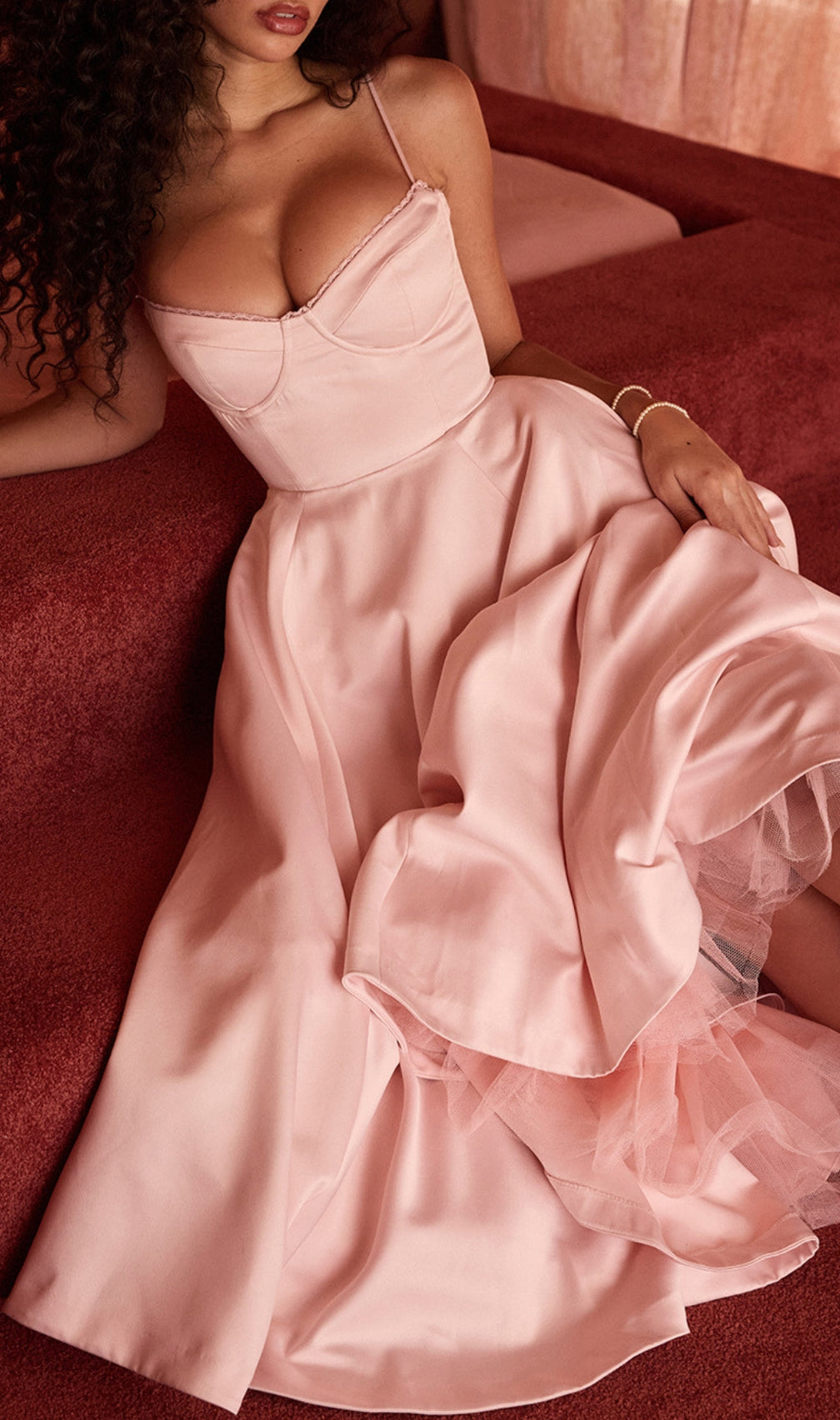 Alodia Pink Mesh Hem Midi Dress