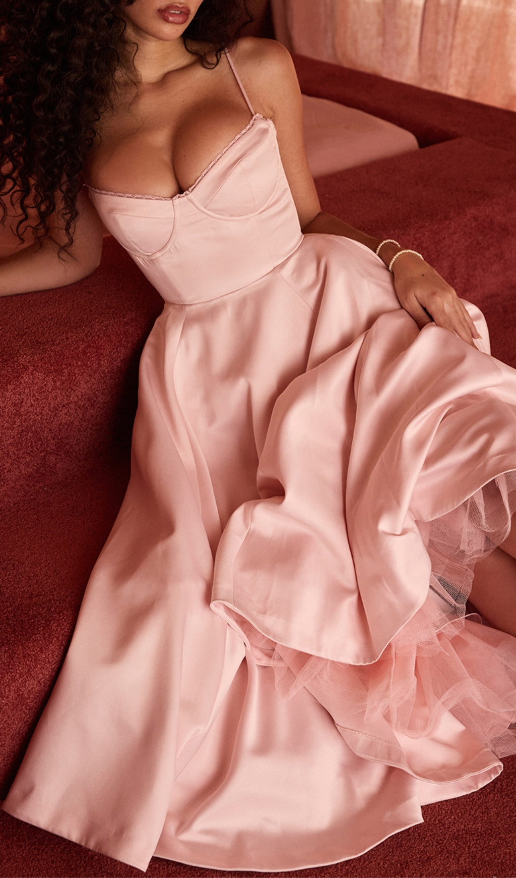 Alodia Pink Mesh Hem Midi Dress