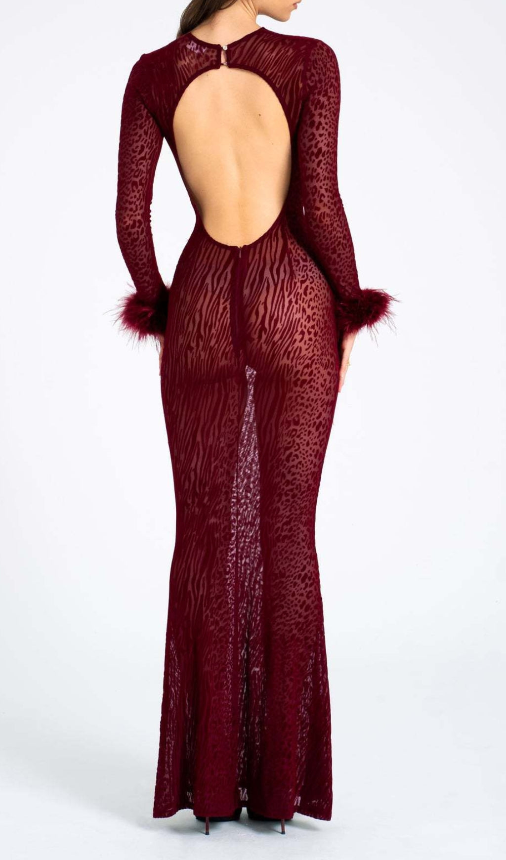 Cascata Wine Mesh Feather Maxi Dress