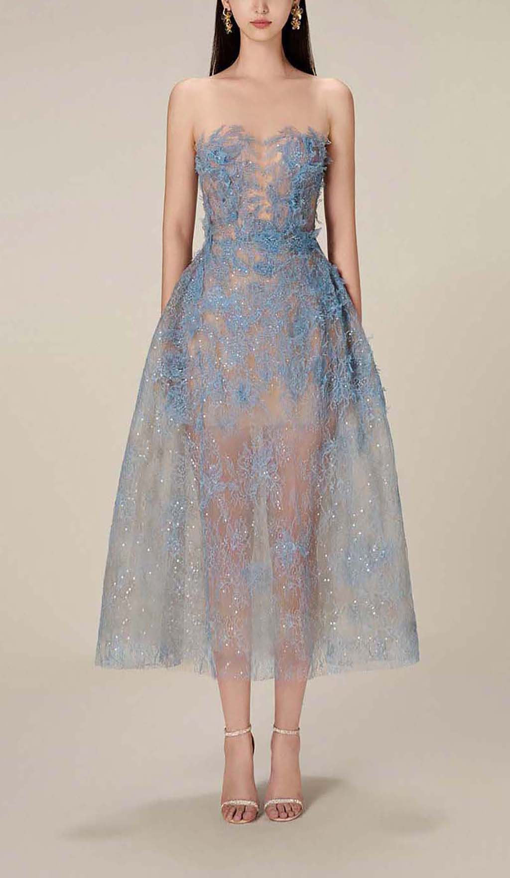 Allyson Blue Floral Lace Embroider Midi Dress