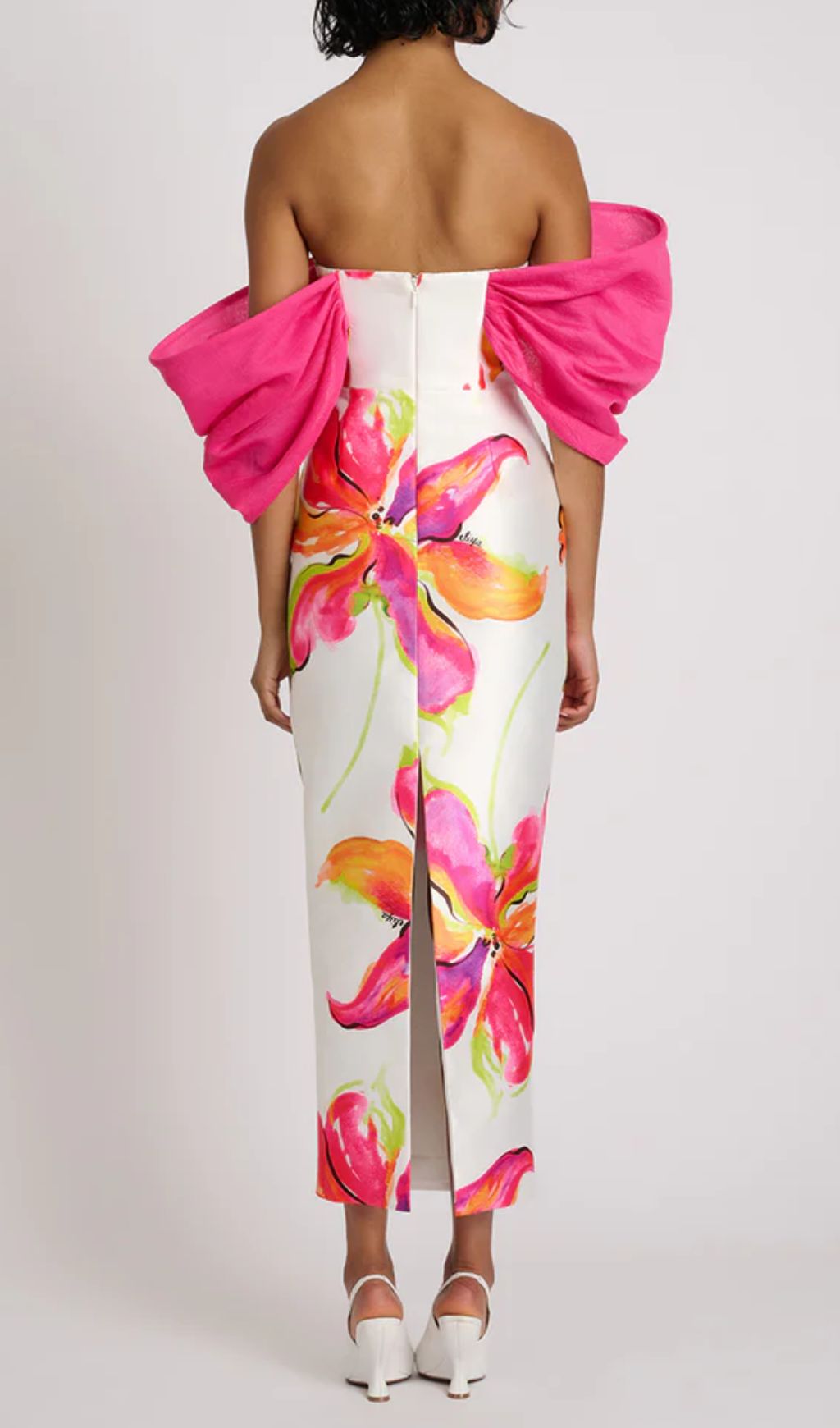 Aldrich Floral Off-Shoulder Midi Dress | Dramatic Pink Ruffle Sleeves